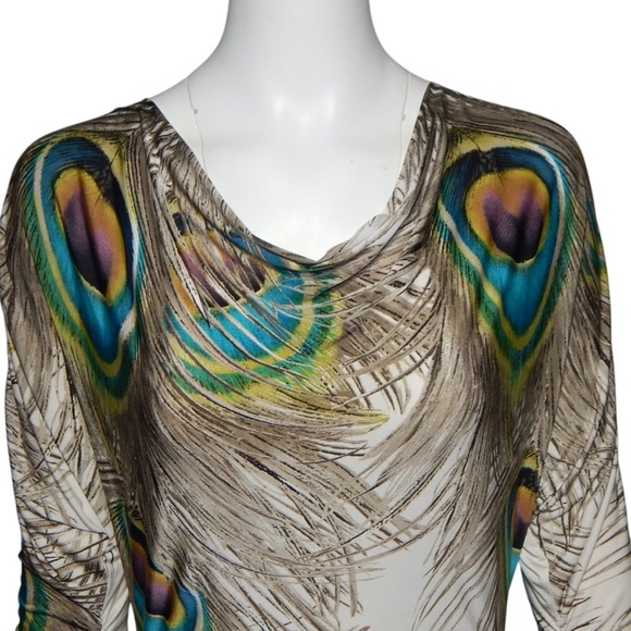 Joseph Ribkoff Peacock Feather Print Ivory Cowl Neck Knit Top Size 4 - Picture 2 of 7